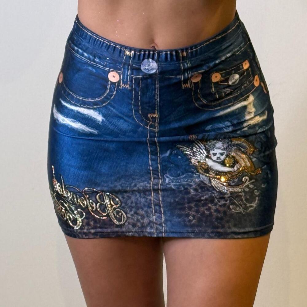 Blue Printed Mini Skirt with Swarovski Rhinestones